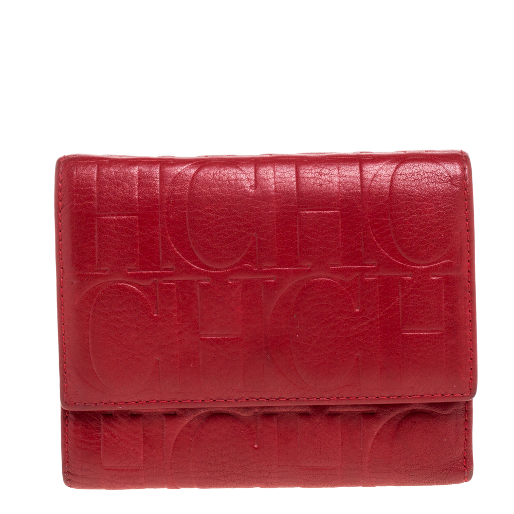 Image of Carolina Herrera Red Monogram Embossed Leather Trifold Wallet