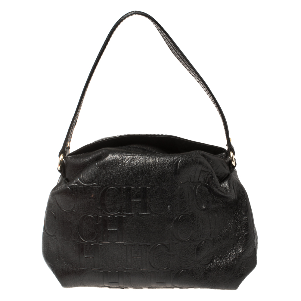 Image of Carolina Herrera Black Monogram Leather Satchel