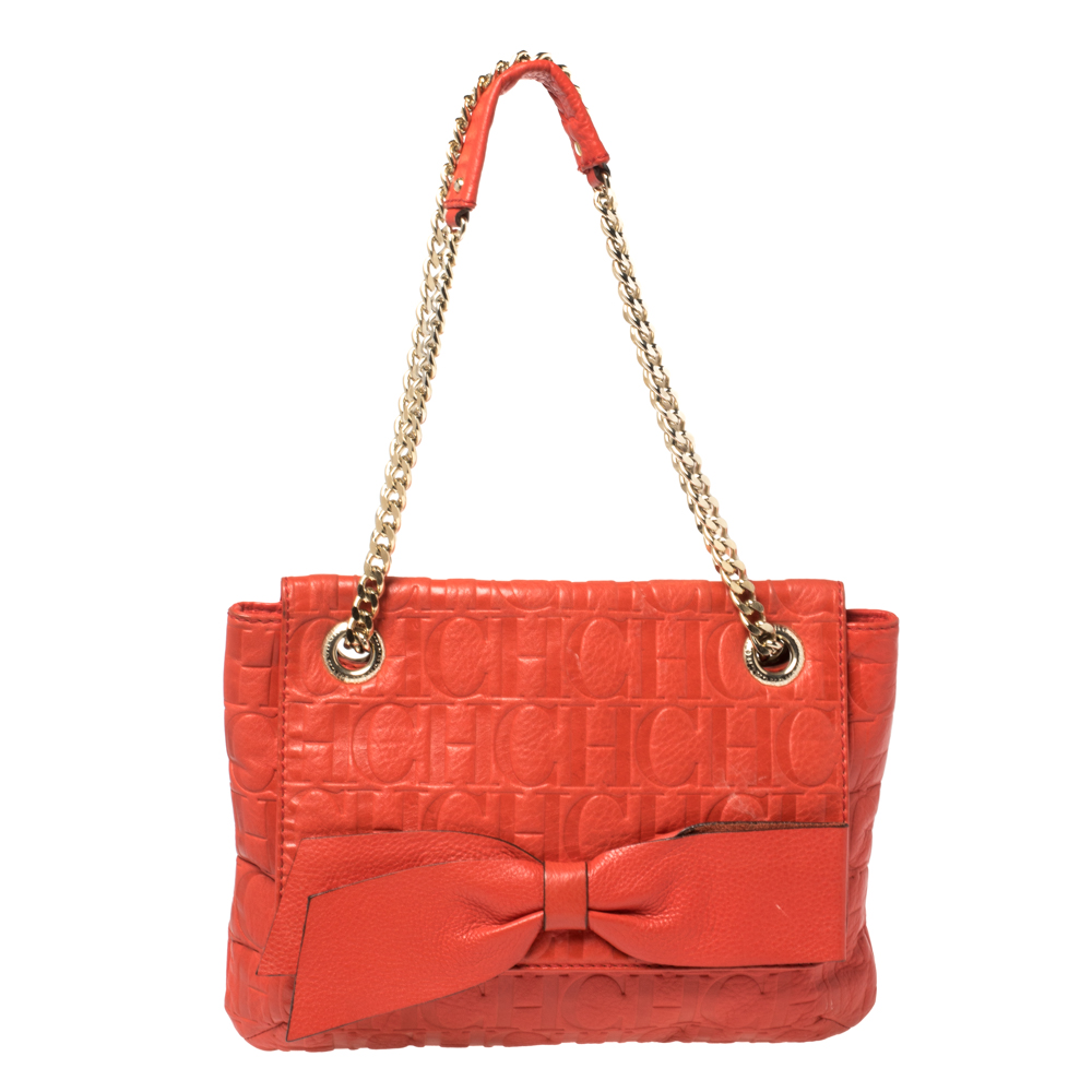 Image of Carolina Herrera Orange Monogram Leather Audrey Shoulder Bag