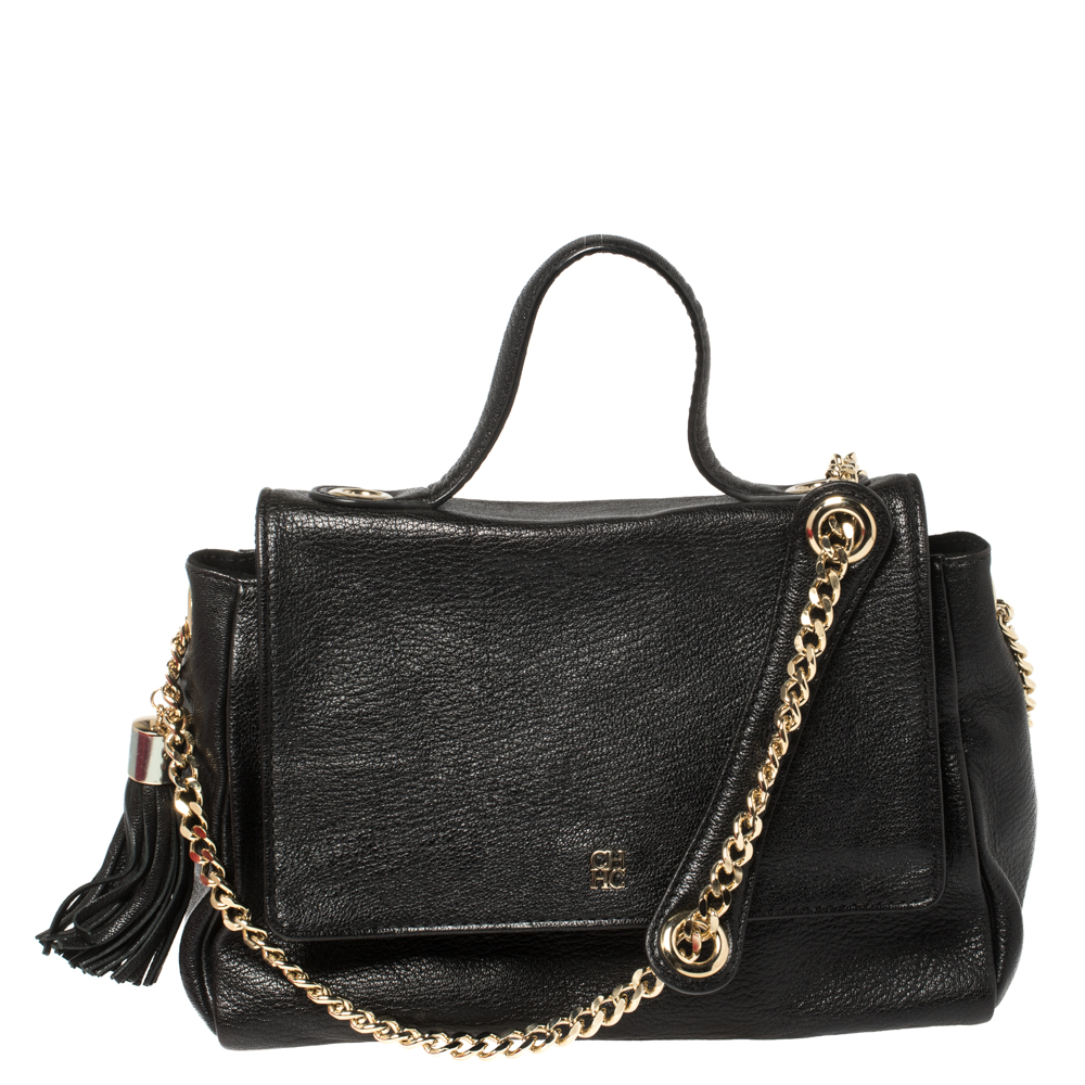 Image of Carolina Herrera Black Leather Flap Tassel Top Handle Bag