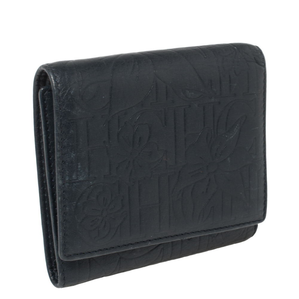 Carolina Herrera Navy Blue Monogram Leather Trifold Compact Wallet