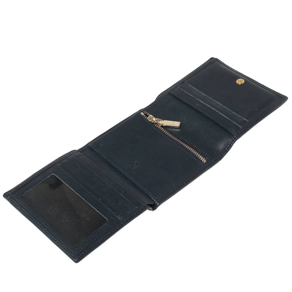 Carolina Herrera Navy Blue Monogram Leather Trifold Compact Wallet