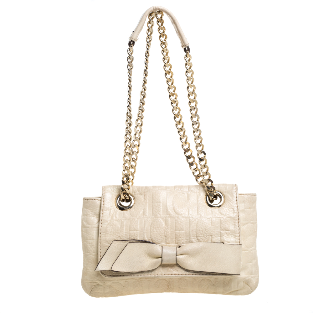 Image of Carolina Herrera Beige Monogram Leather Audrey Shoulder Bag