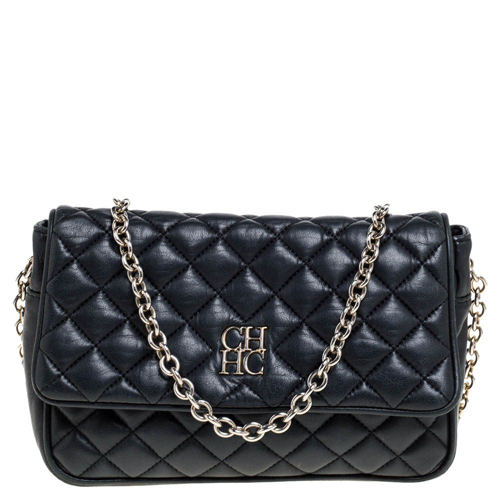 Image of Carolina Herrera Black Quilted Leather Flap Chain Shoulder Bag