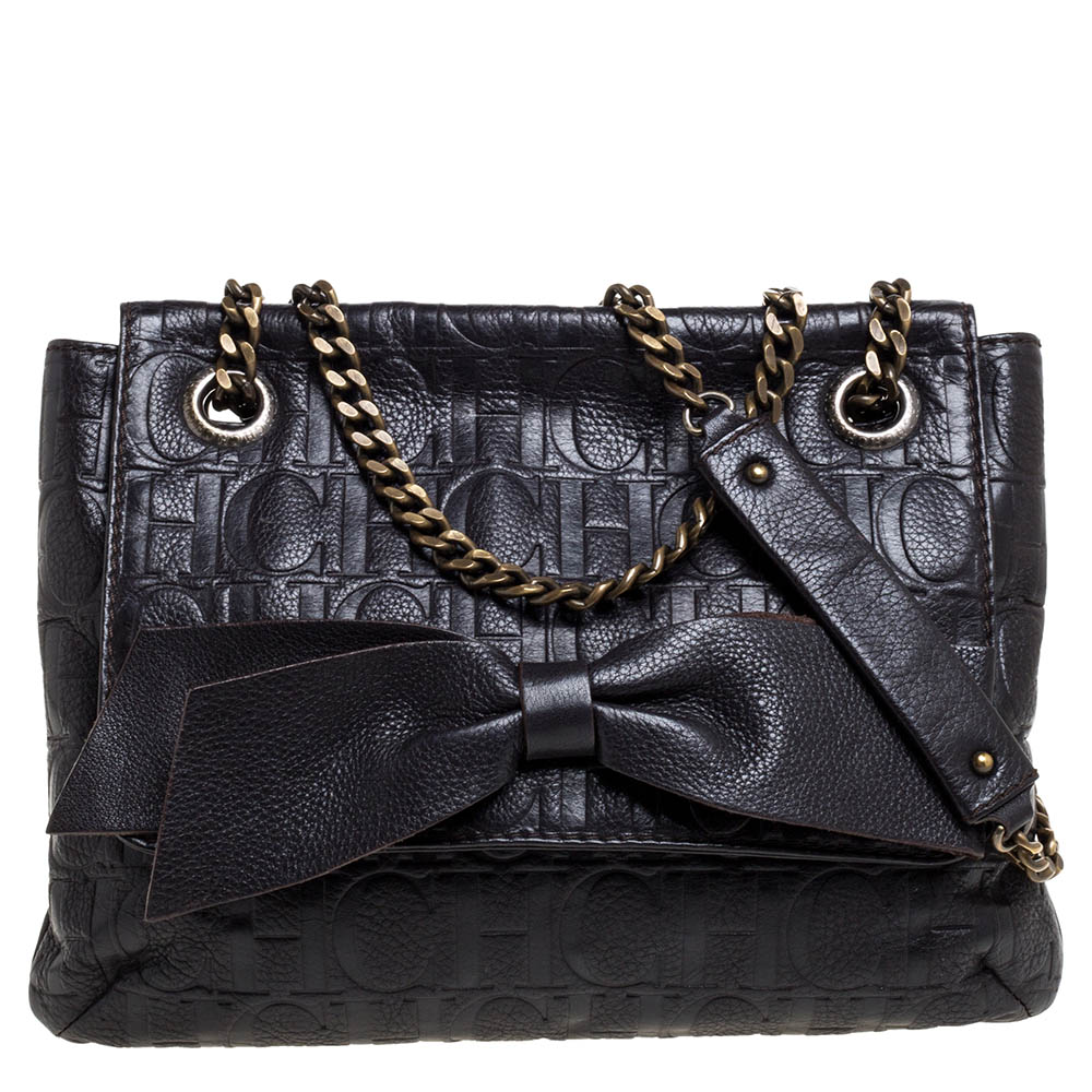Image of Carolina Herrera Dark Brown Embossed Leather Audrey Shoulder Bag