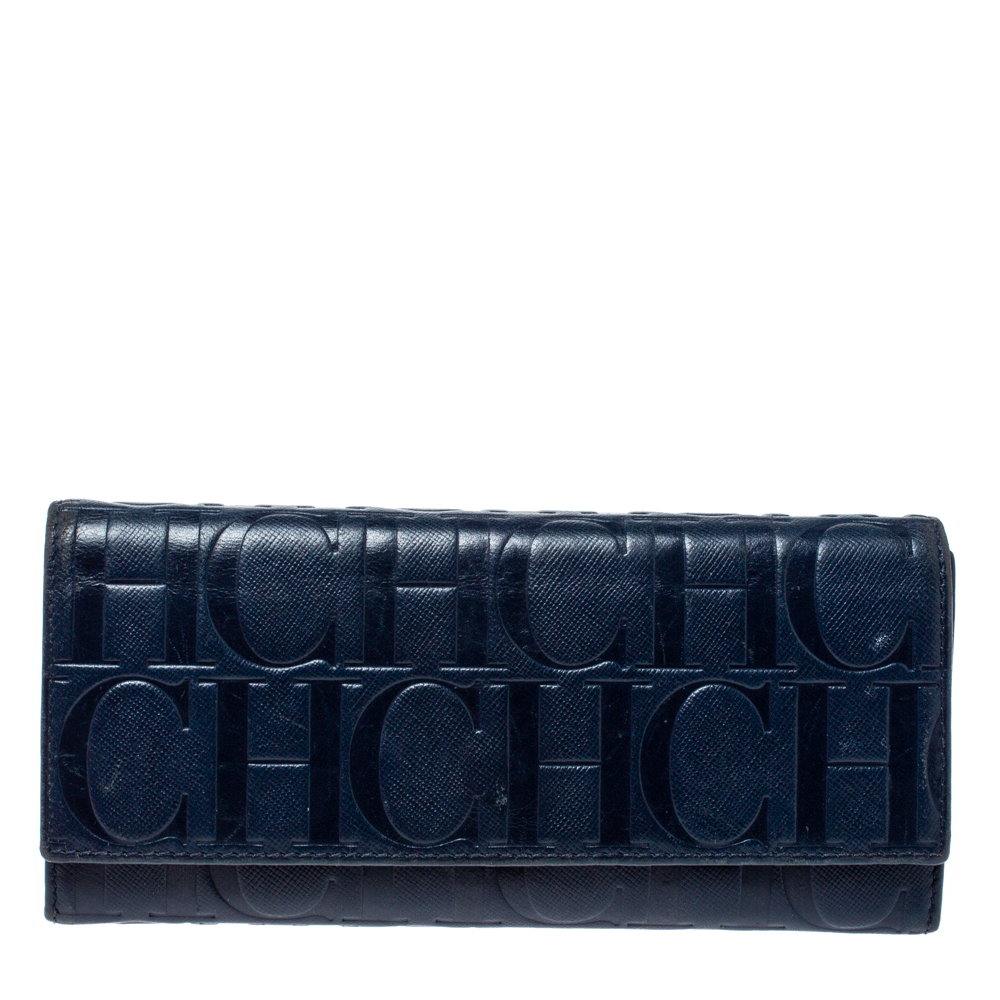 Image of Carolina Herrera Blue Monogram Leather Continental Wallet