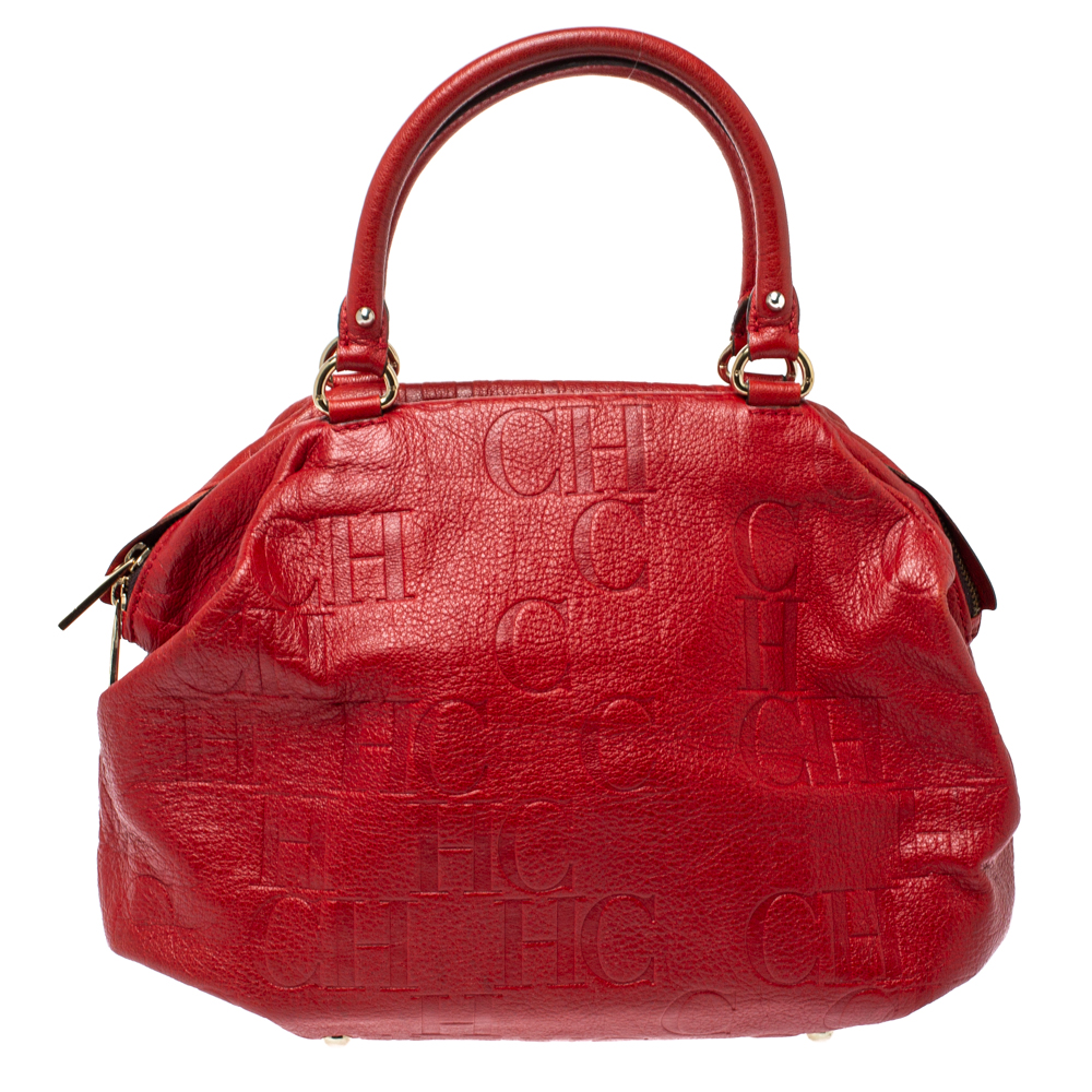 Image of Carolina Herrera Red Monogram Leather Dome Satchel