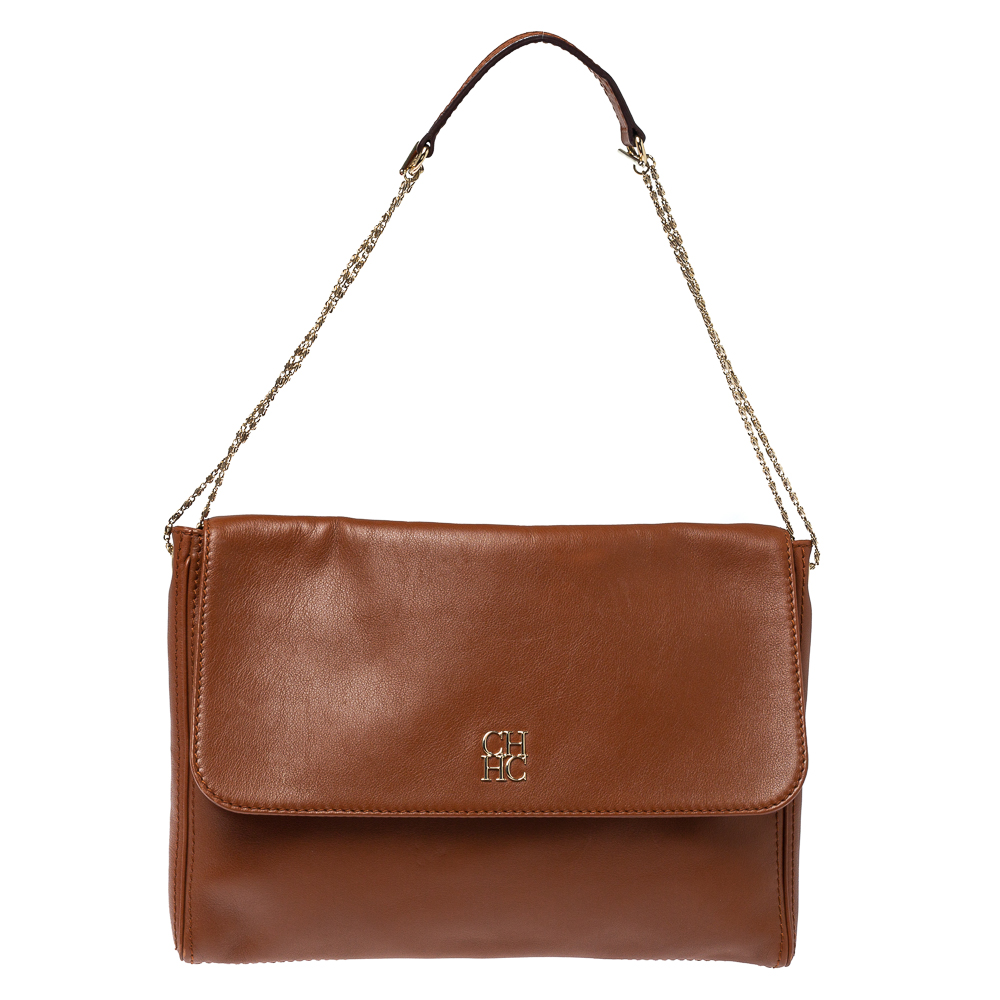 Image of Carolina Herrera Brown Leather Flap Chain Shoulder Bag