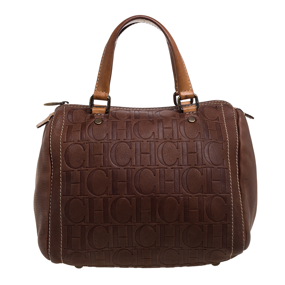 Carolina Herrera Brown Leather Monogram Embossed Andy Boston Bag
