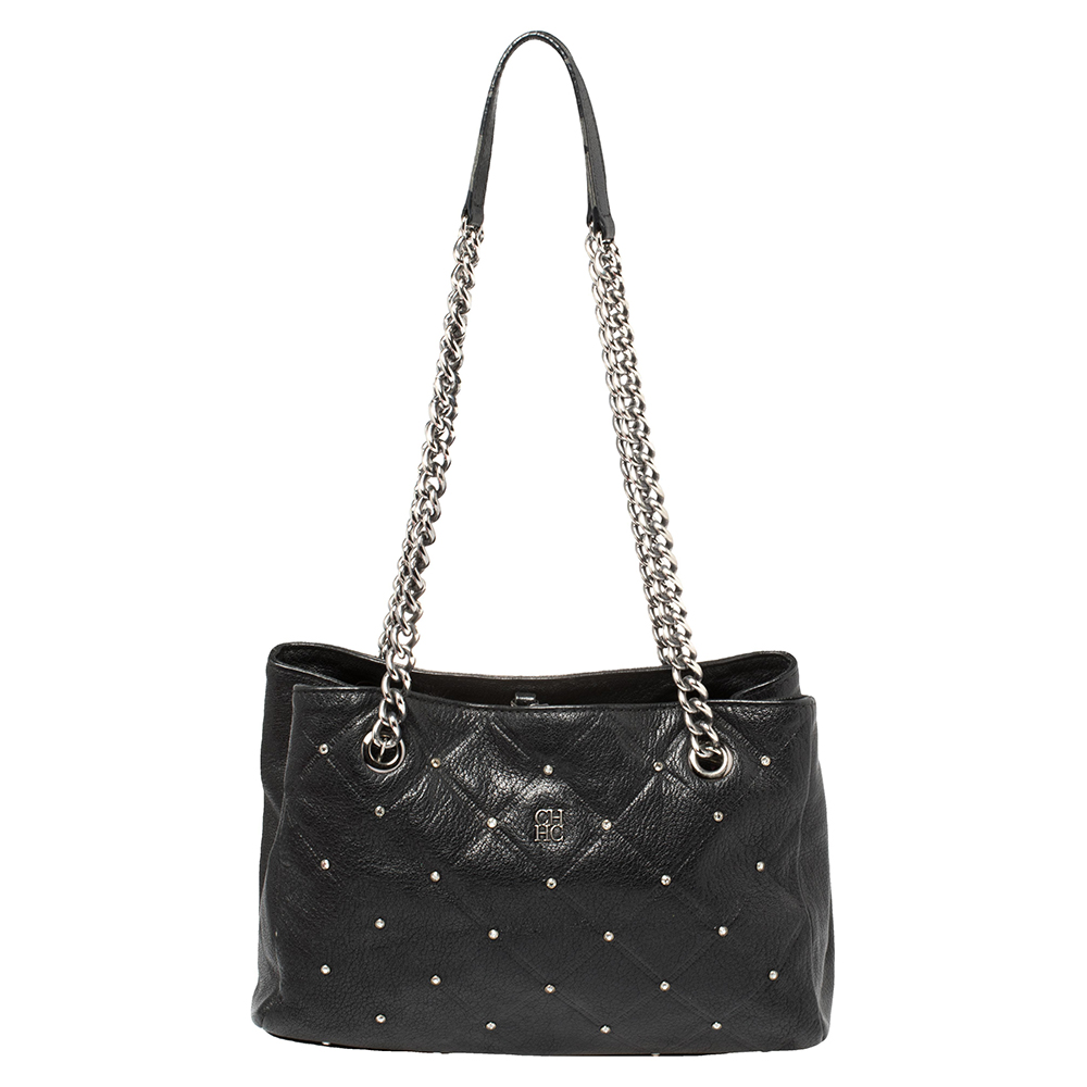 Carolina Herrera Black Quilted Leather Crystal Embellished Chain Tote