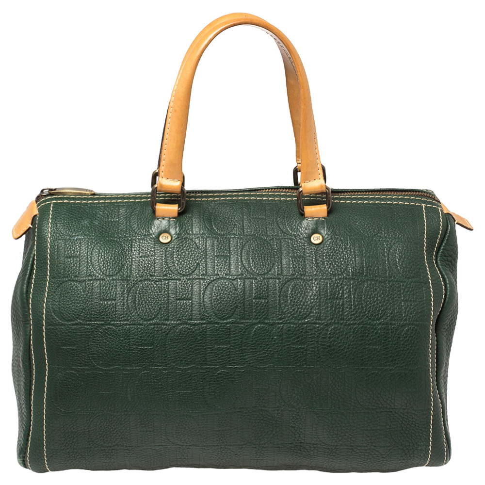 Carolina Herrera Green Monogram Leather large Andy Boston Bag