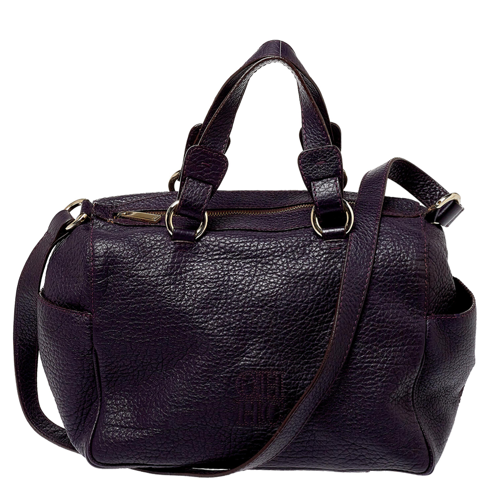 Carolina herrera dark purple grained leather boston bag