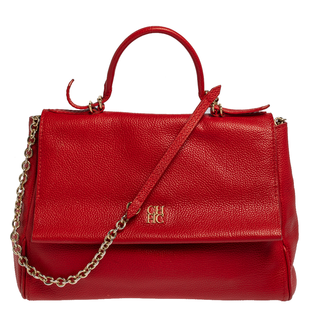 Carolina Herrera Red Leather Minuetto Flap Top Handle Bag