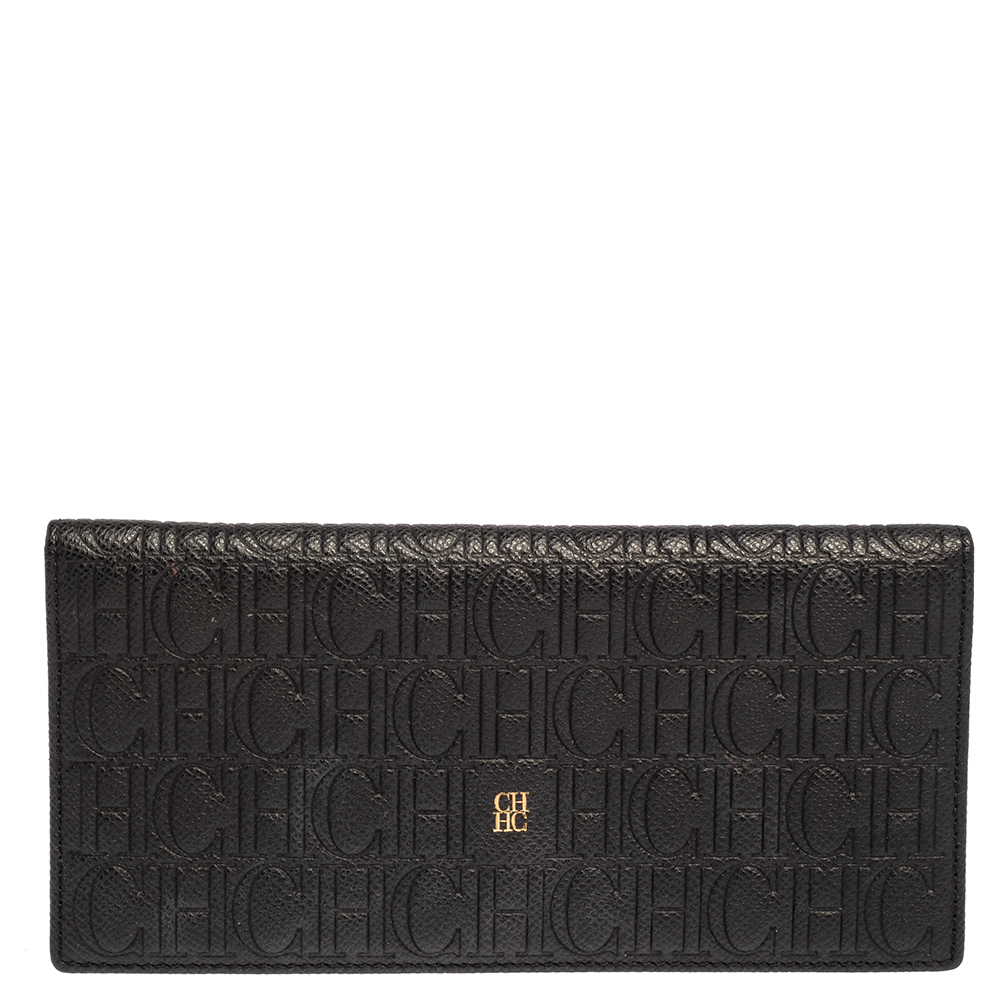 Carolina Herrera Black Monogram Embossed Leather Bifold Long Wallet