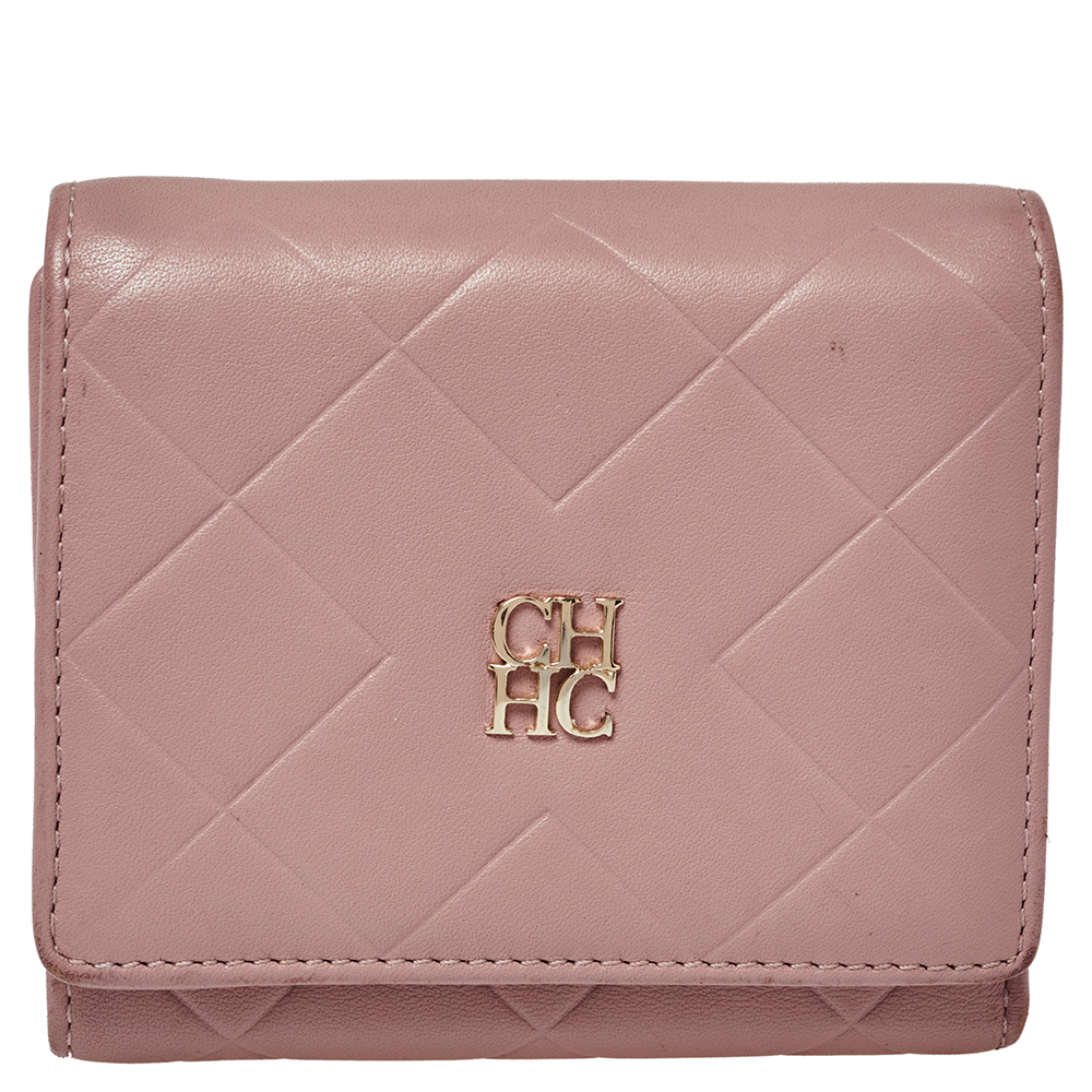 Carolina Herrera Nude Pink Quilted Leather Logo Flap Trifold Wallet