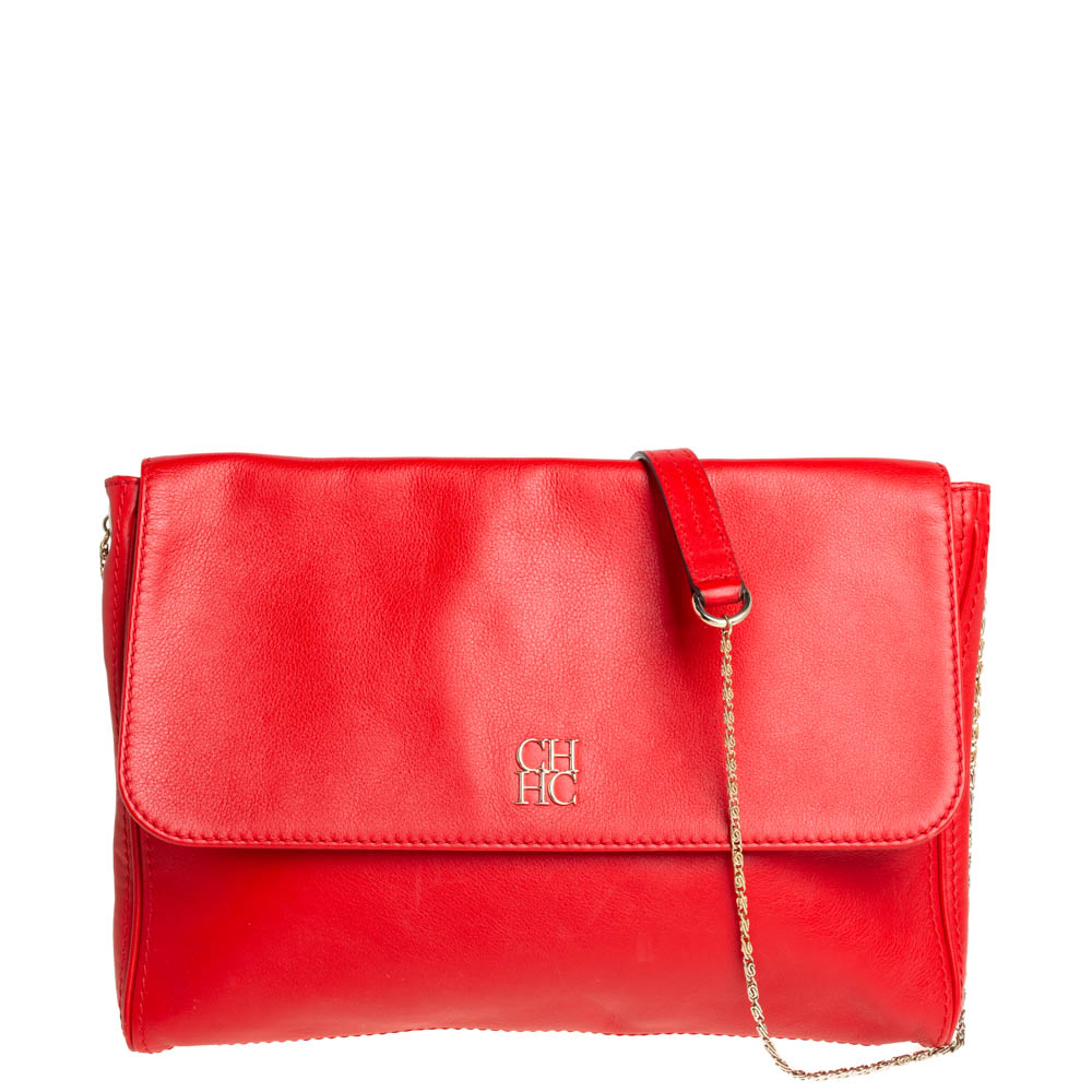 Carolina Herrera Crimson Red Leather Flap Chain Shoulder Bag