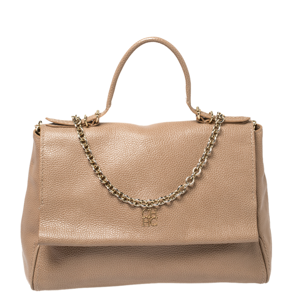Carolina Herrera Beige Leather Minuetto Flap Top Handle Bag