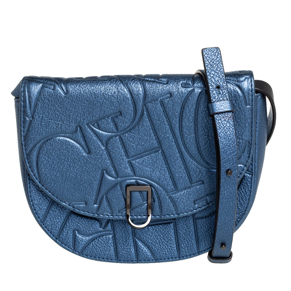 Carolina Herrera Metallic Blue Monogram Leather Crossbody Bag