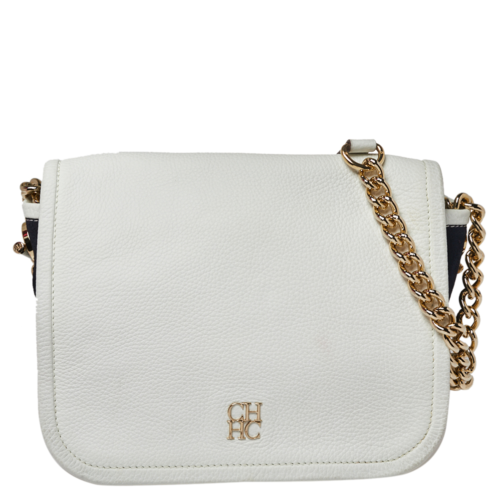 Carolina Herrera White/Navy Blue Leather and Suede Chain Flap Shoulder Bag
