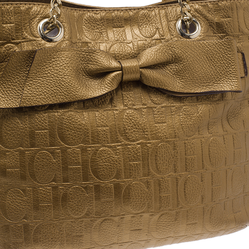 Carolina Herrera Gold Monogram Leather Audrey Tote Bag