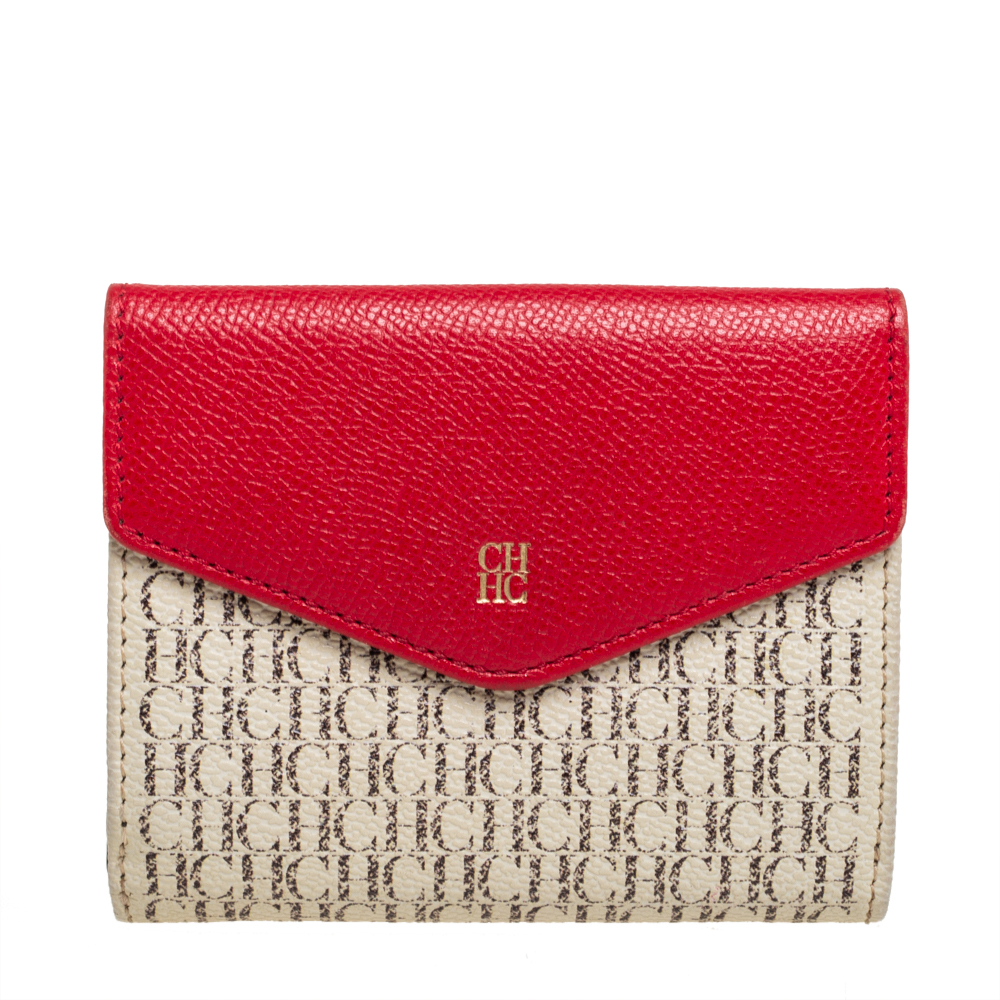 Carolina Herrera Red Monogram Coated Canvas and Leather Compact Wallet