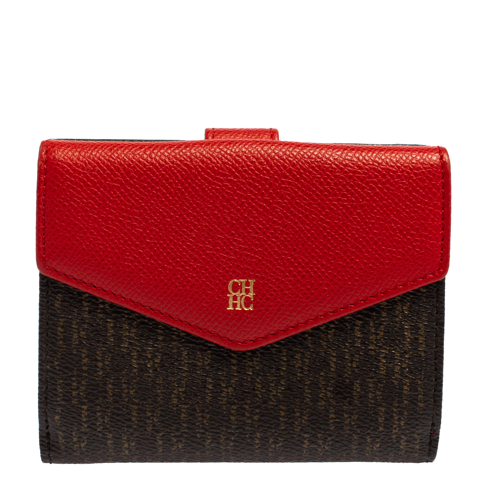 Carolina Herrera Red/Brown Monogram Coated Canvas and Leather Flap Compact Wallet
