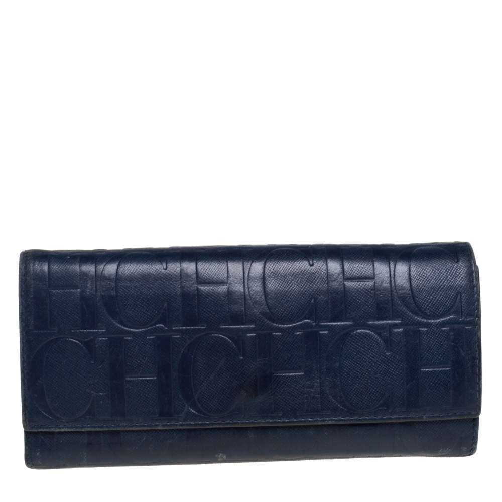 Carolina Herrera Blue Monogram Leather Continental Wallet