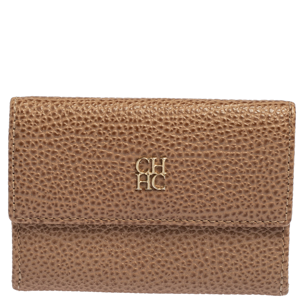 Carolina Herrera Beige Grained Leather Compact Wallet