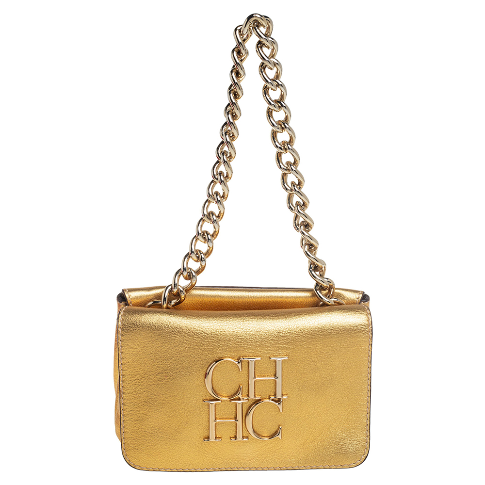 Carolina Herrera Metallic Gold Leather Logo Flap Chain Bag