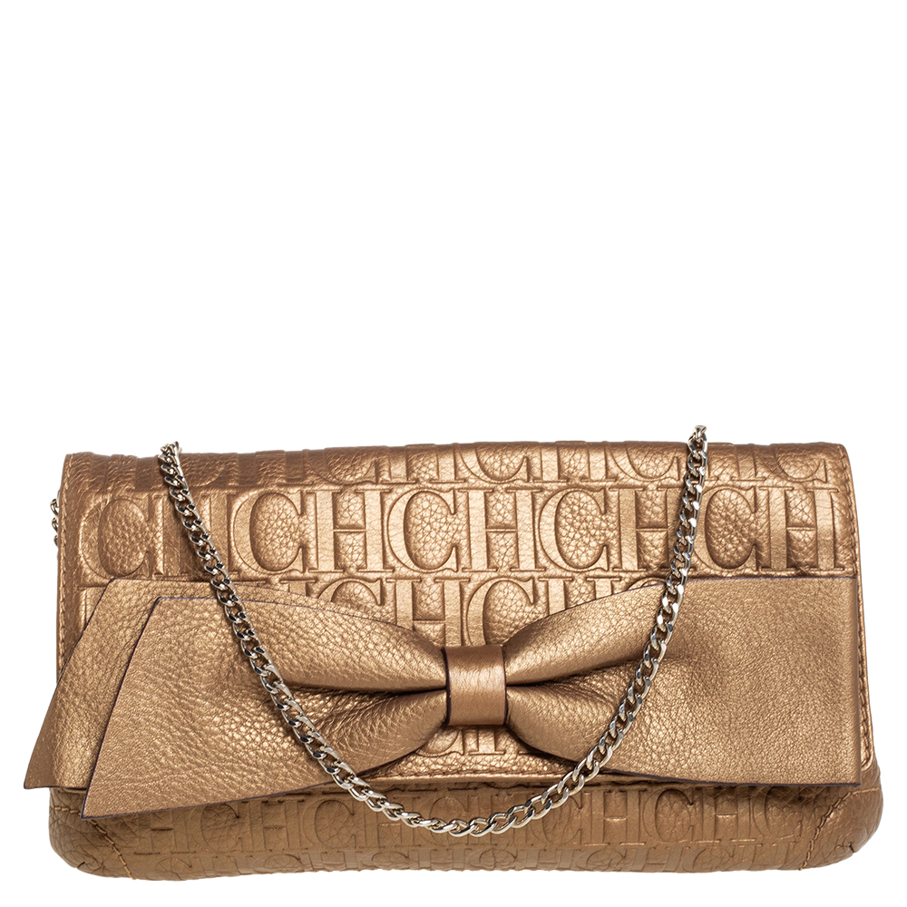 Carolina Herrera Metallic Gold Monogram Leather Audrey Chain Bag