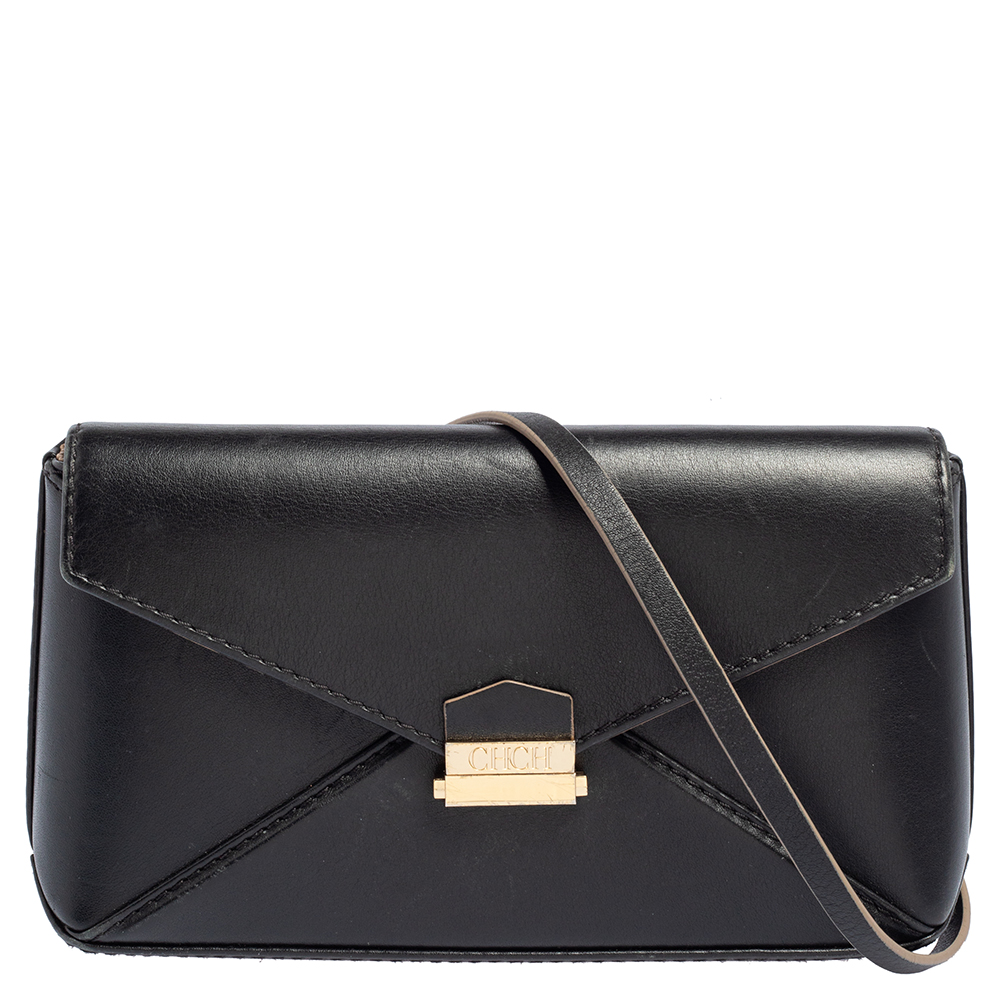 Carolina Herrera Black Leather Envelope Flap Crossbody Bag