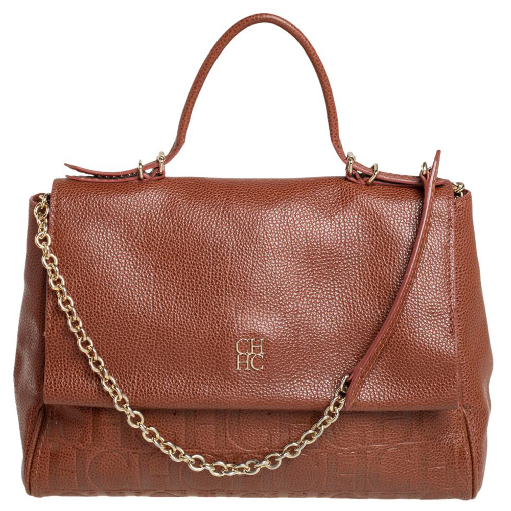 Carolina Herrera Brown Embossed Leather Minuetto Flap Top Handle Bag