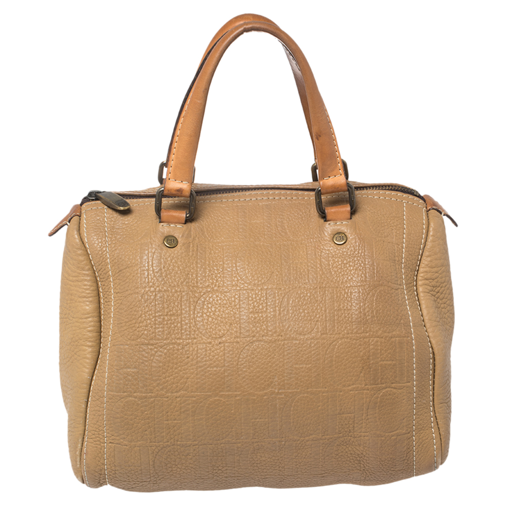 Carolina Herrera Beige Monogram Leather Medium Andy Boston Bag