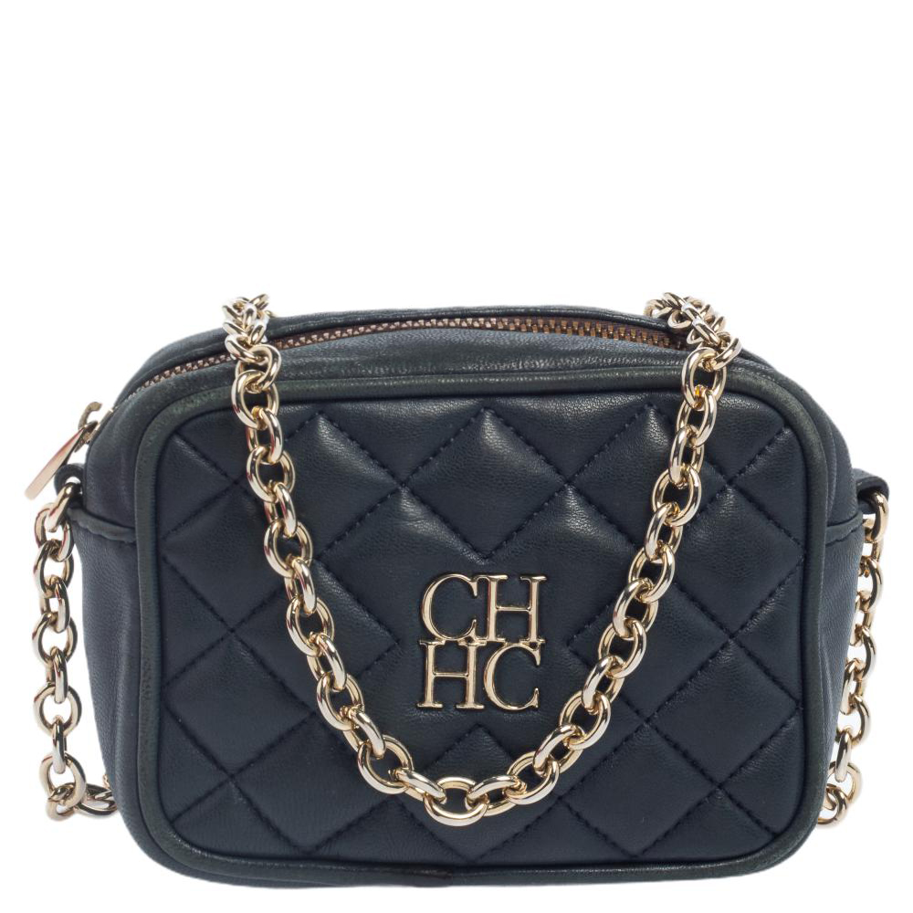 Carolina Herrera Blue Quilted Leather Chain Crossbody Bag