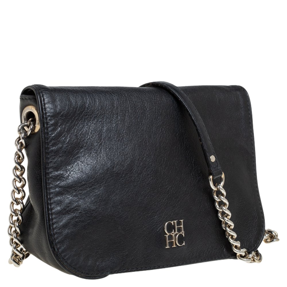 Carolina Herrera Black Leather New Baltazar Flap Shoulder Bag