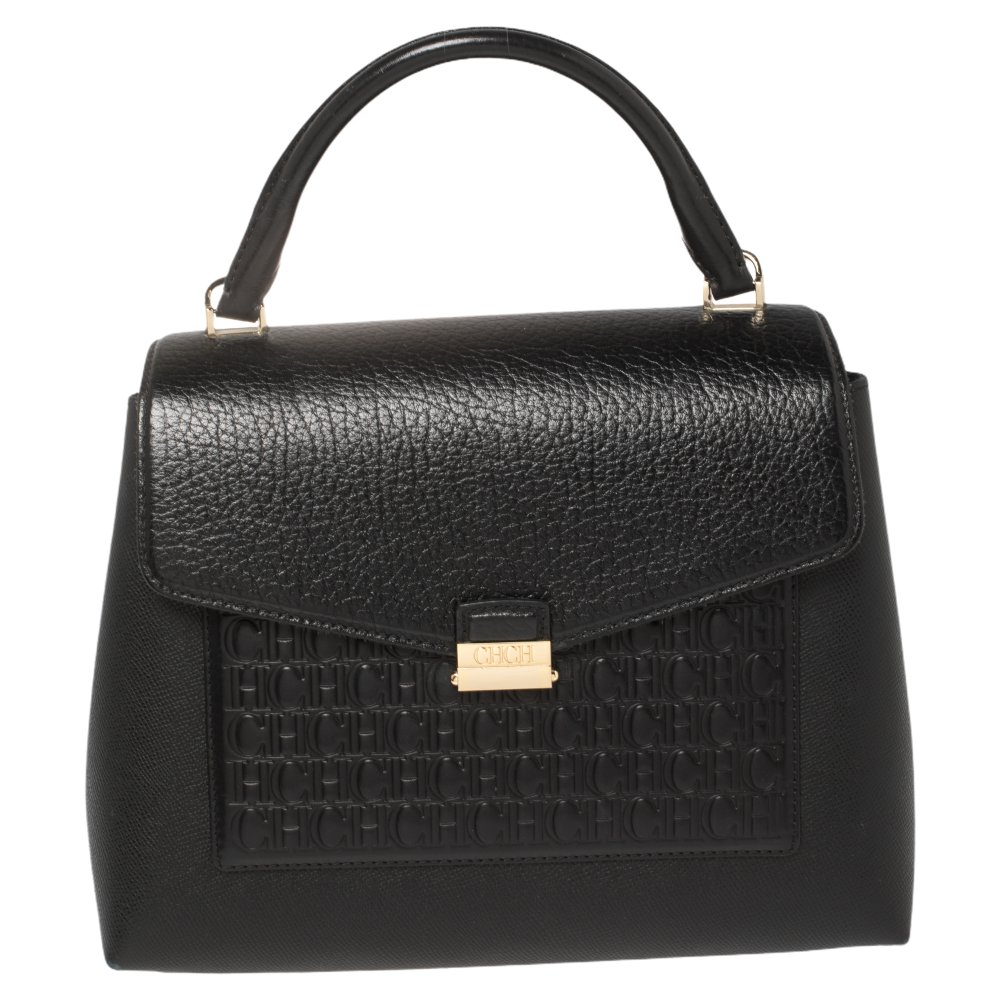 Carolina Herrera Black Monogram Leather Flap Top Handle Bag