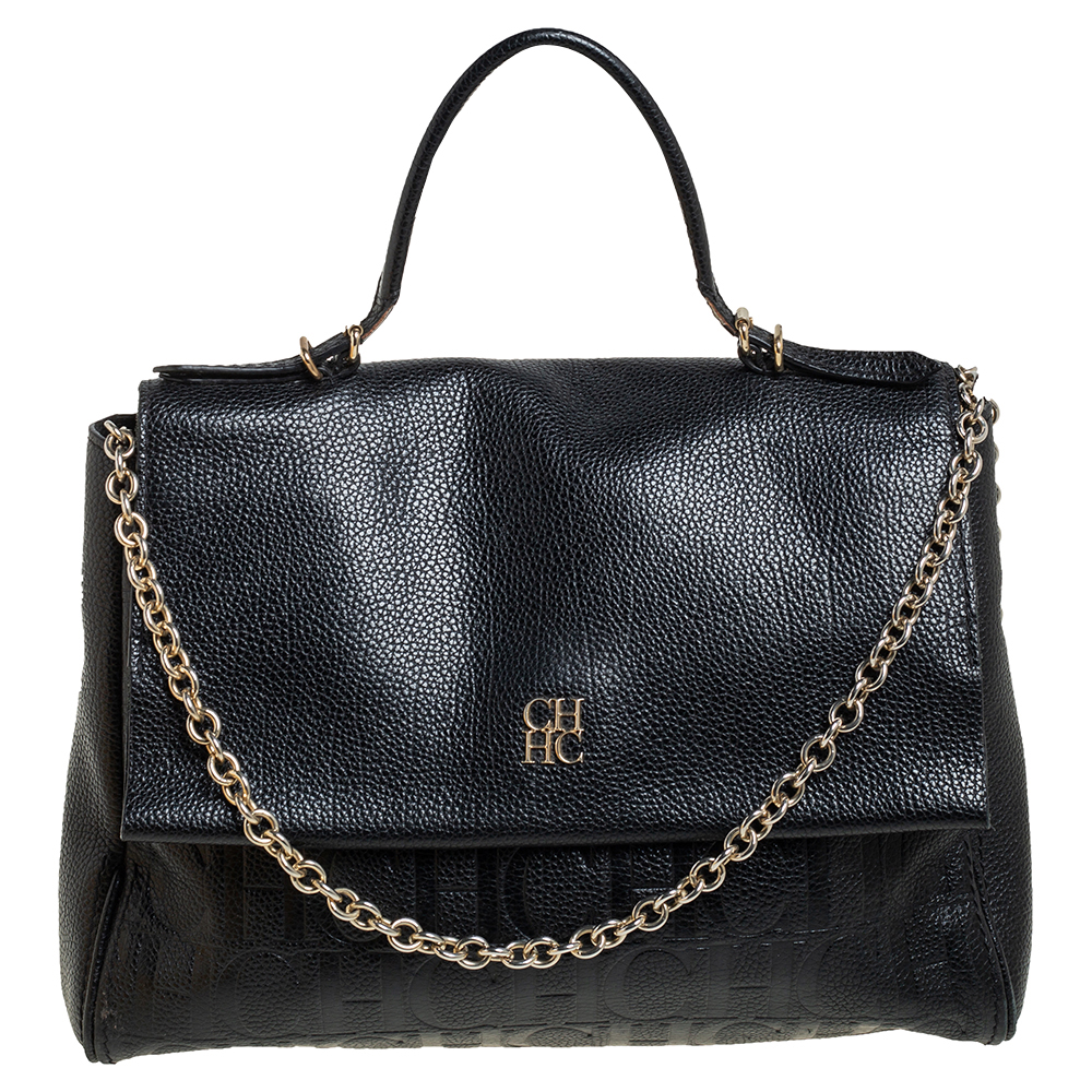 Carolina Herrera Black Monogram Embossed Leather Minuetto Top Handle Bag