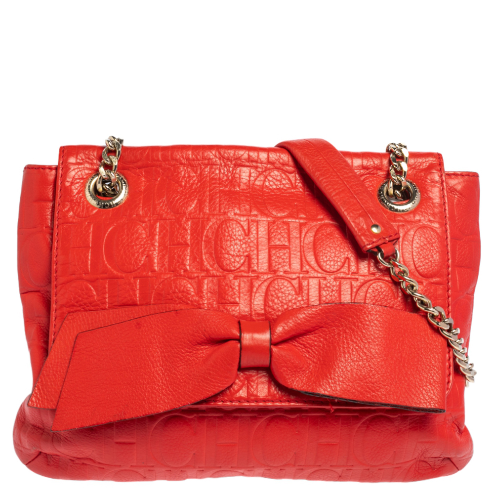 Carolina Herrera Red Monogram Leather Audrey Shoulder Bag