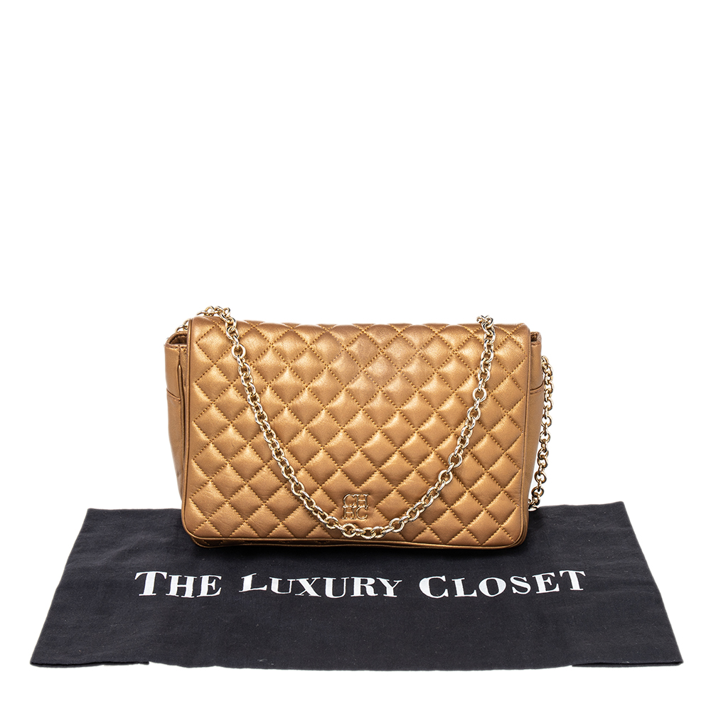 Carolina Herrera Metallic Gold Quilted Leather Chain Flap Shoulder Bag