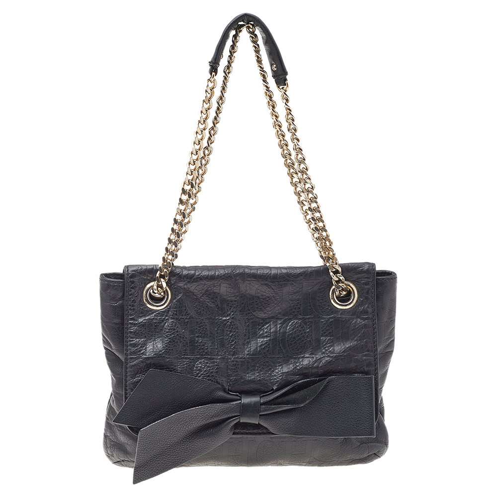 Carolina Herrera Black Monogram Embossed Leather Audrey Shoulder Bag