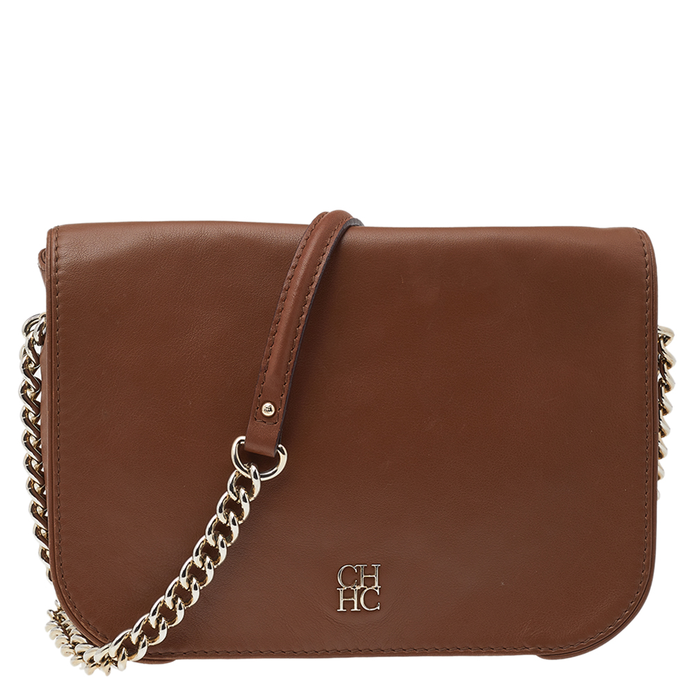 Carolina Herrera Brown Leather Chain Flap Shoulder Bag