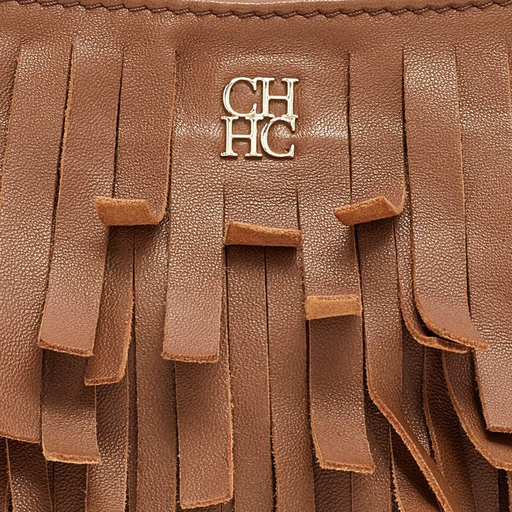 Carolina Hererra Brown Leather Fringe Chain Shoulder Bag