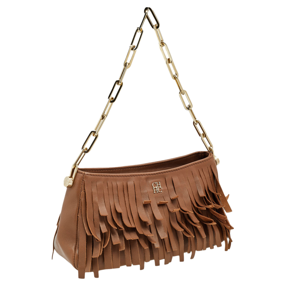 Carolina Hererra Brown Leather Fringe Chain Shoulder Bag