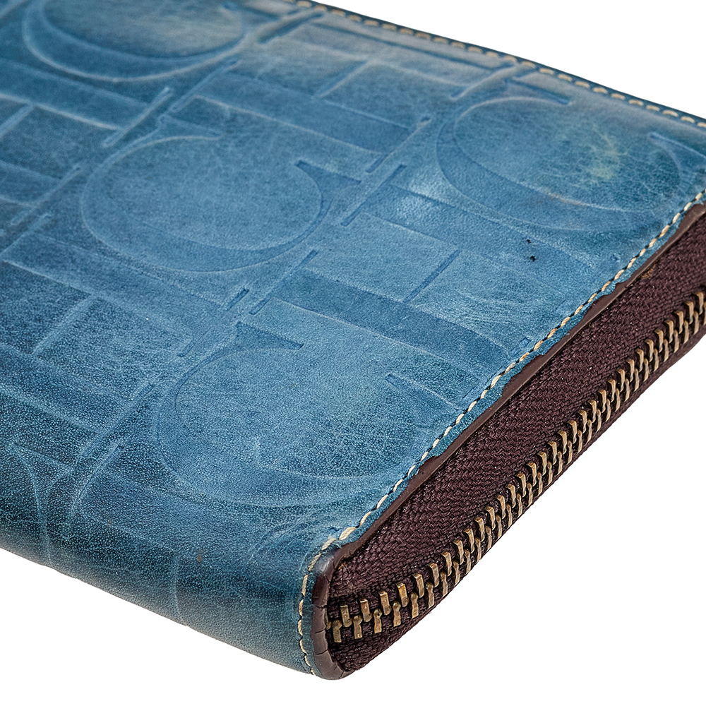 Carolina Herrera Blue Monogram Embossed Leather Zip Around Wallet