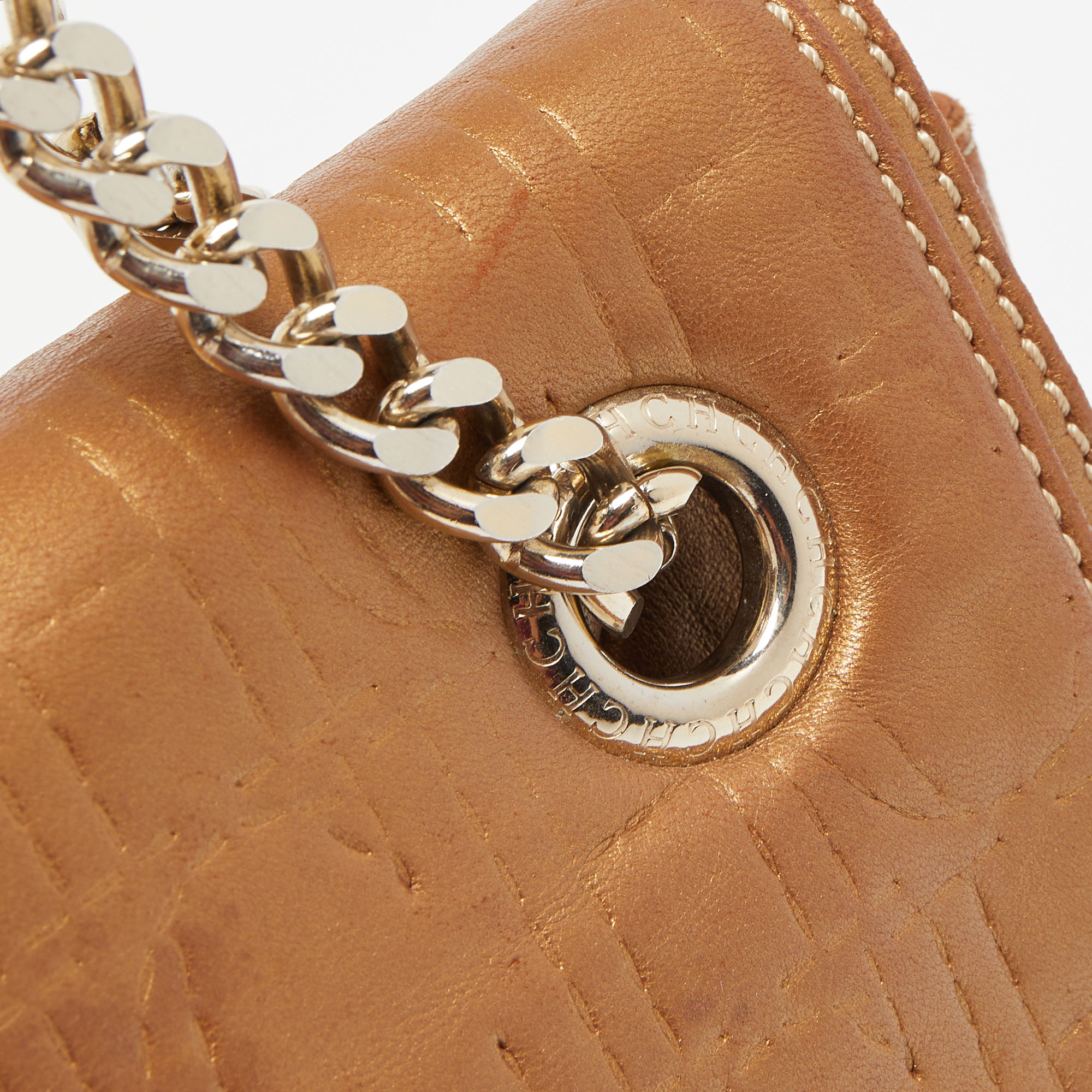 Carolina Herrera Gold Quilted And Monogram Embossed Leather Flap Shoulder Bag