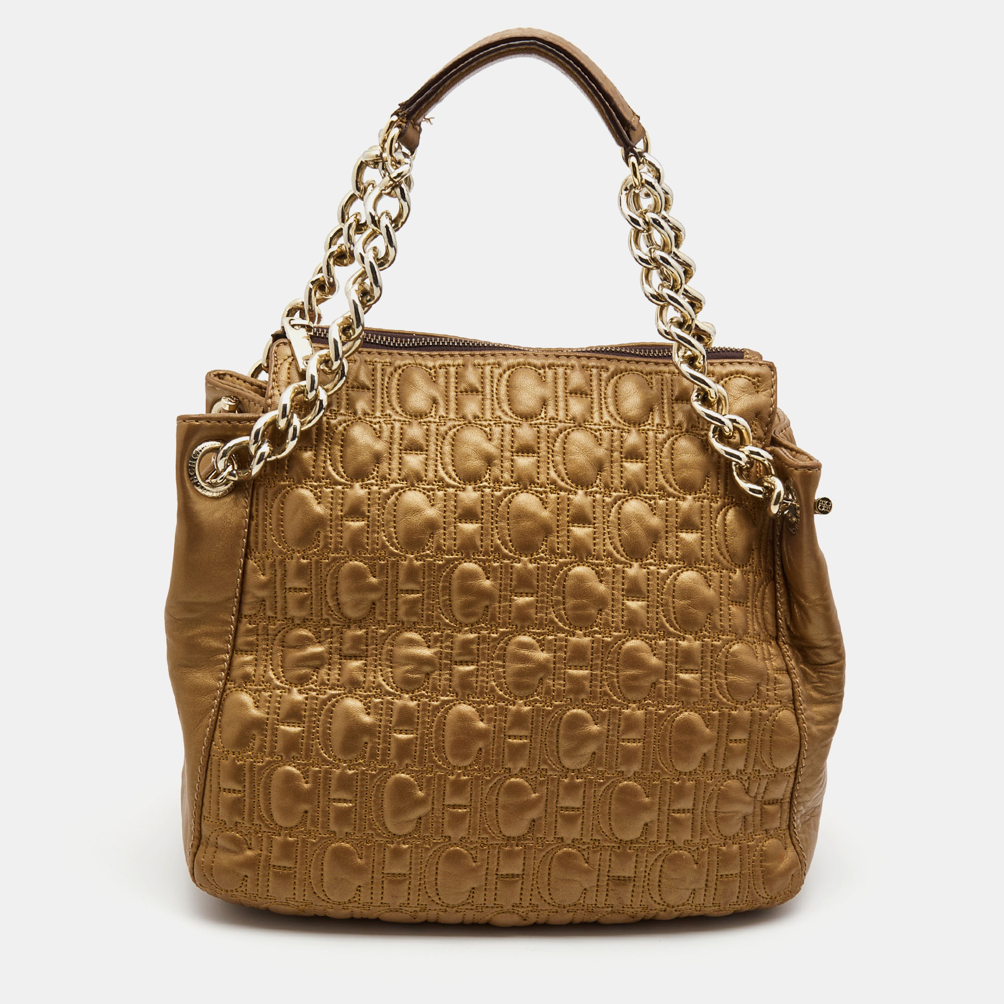 Carolina Herrera Bronze Monogram Embossed Leather Chain Bag