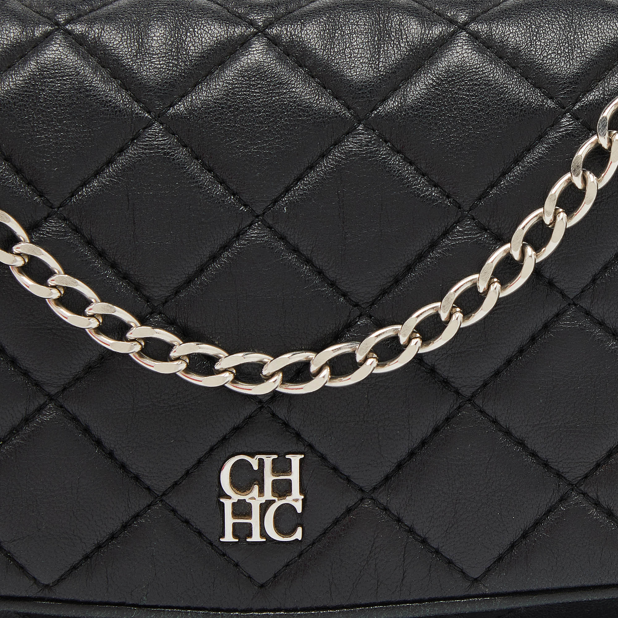 Carolina Herrera Black Quilted Leather CHHC Flap Chain Clutch