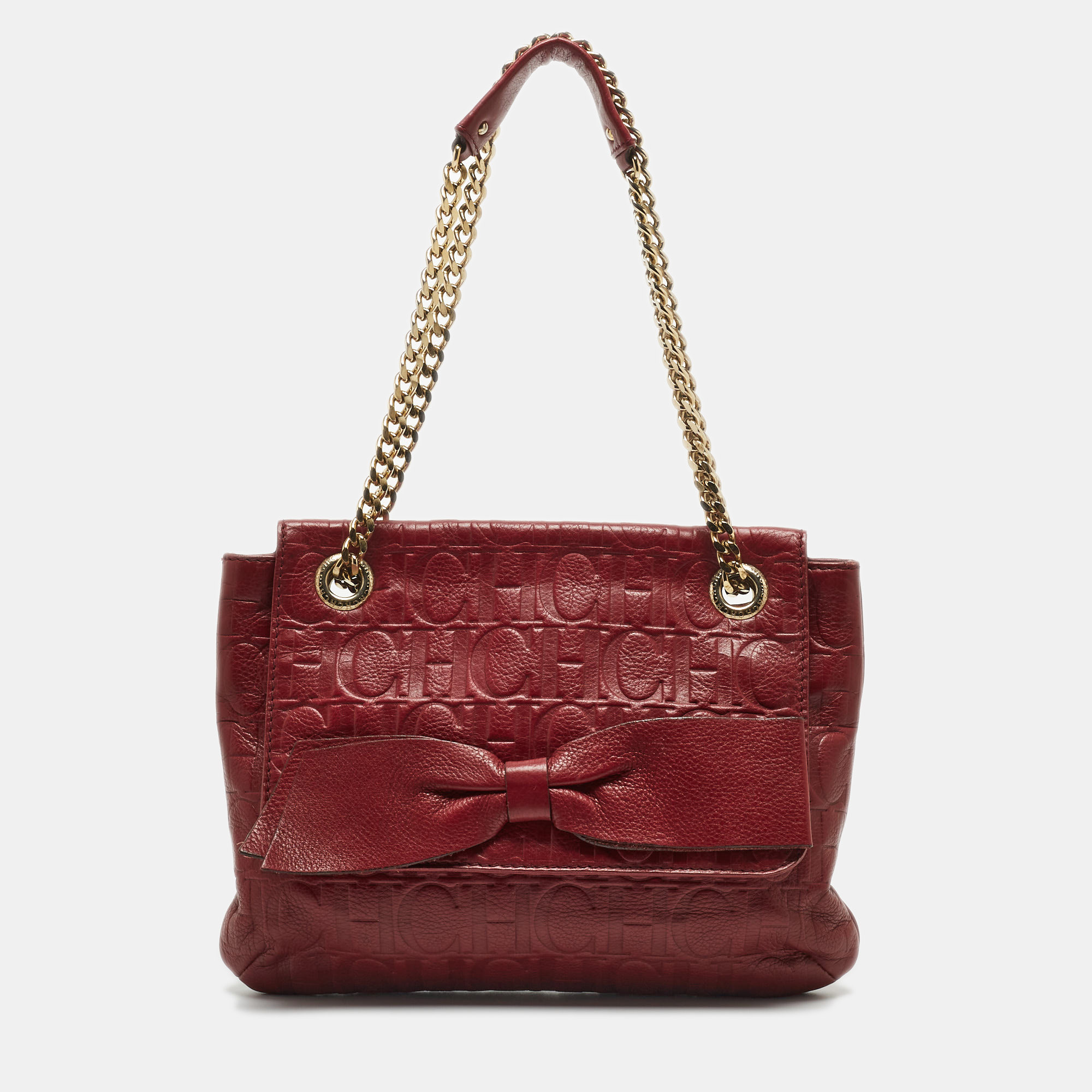 Carolina Herrera Red Monogram Embossed Leather Bow Shoulder Bag