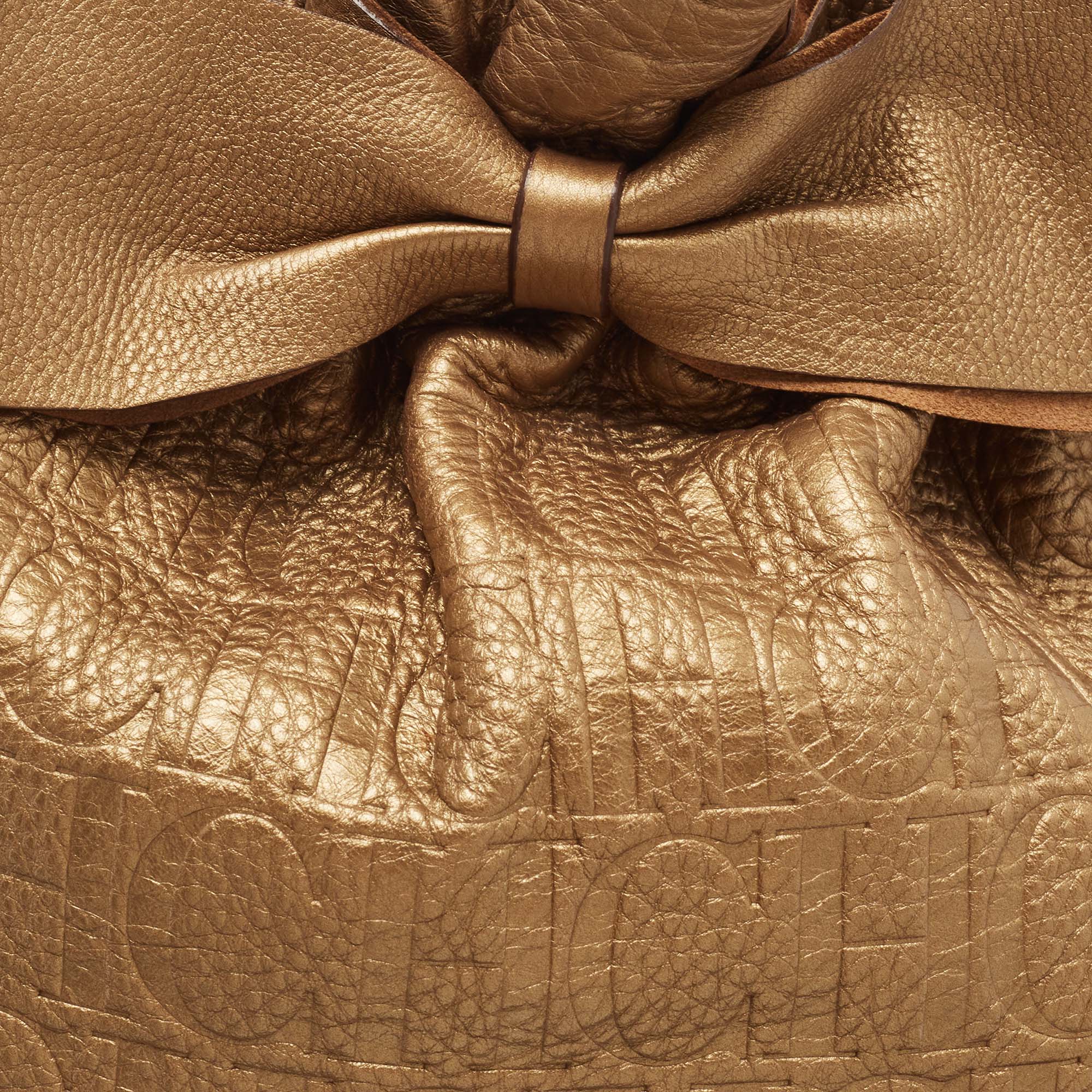 Carolina Herrera Gold Monogram Embossed Leather Bow Bucket Hobo