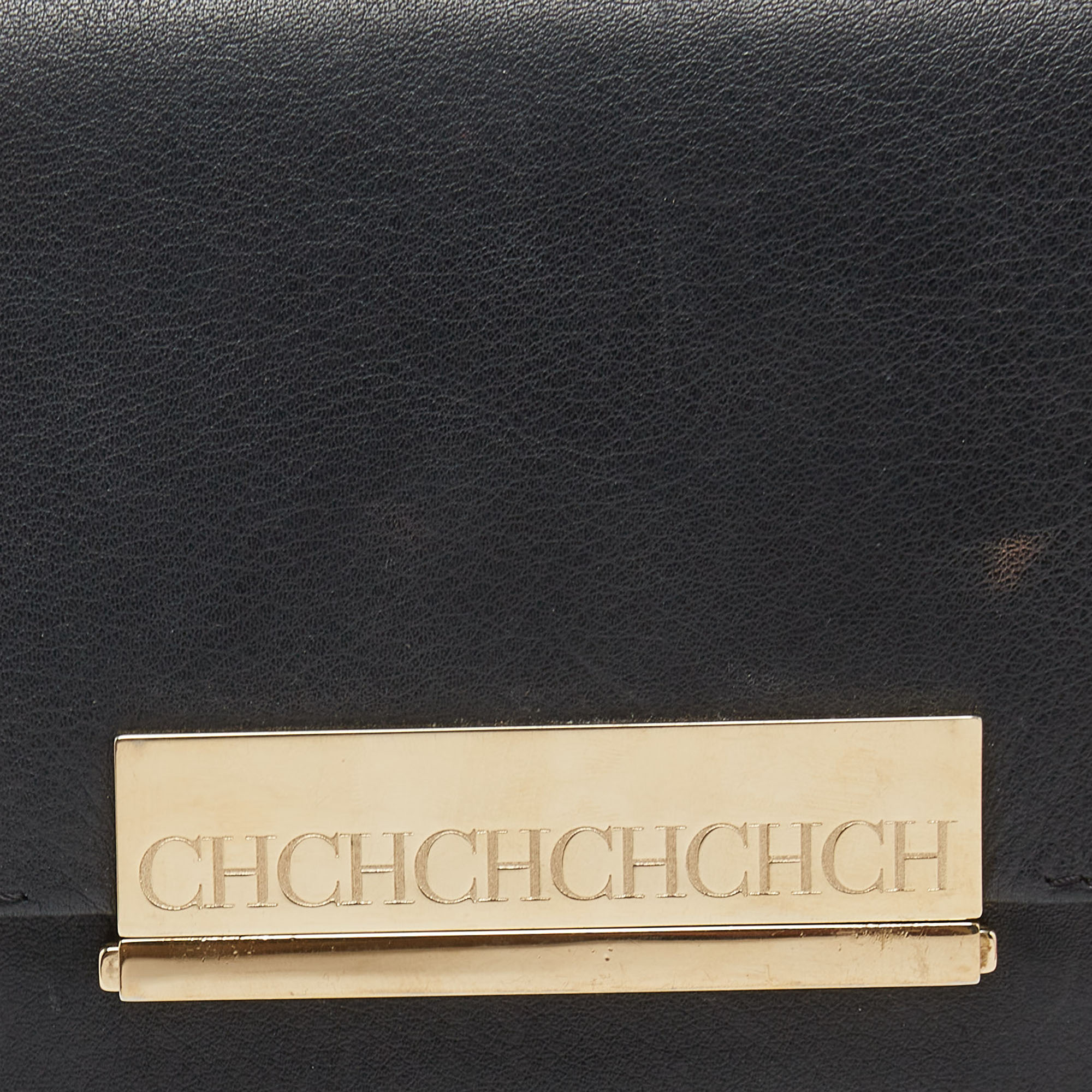Carolina Herrera Black Leather Logo Metal Flap Clutch